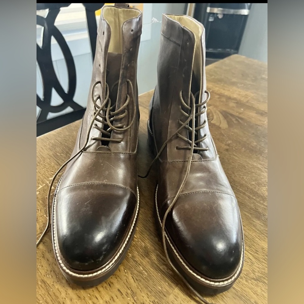 Ross & Snow Mens sz 9 hand-made on Italy Ankle Boots brown lace up combat Moto